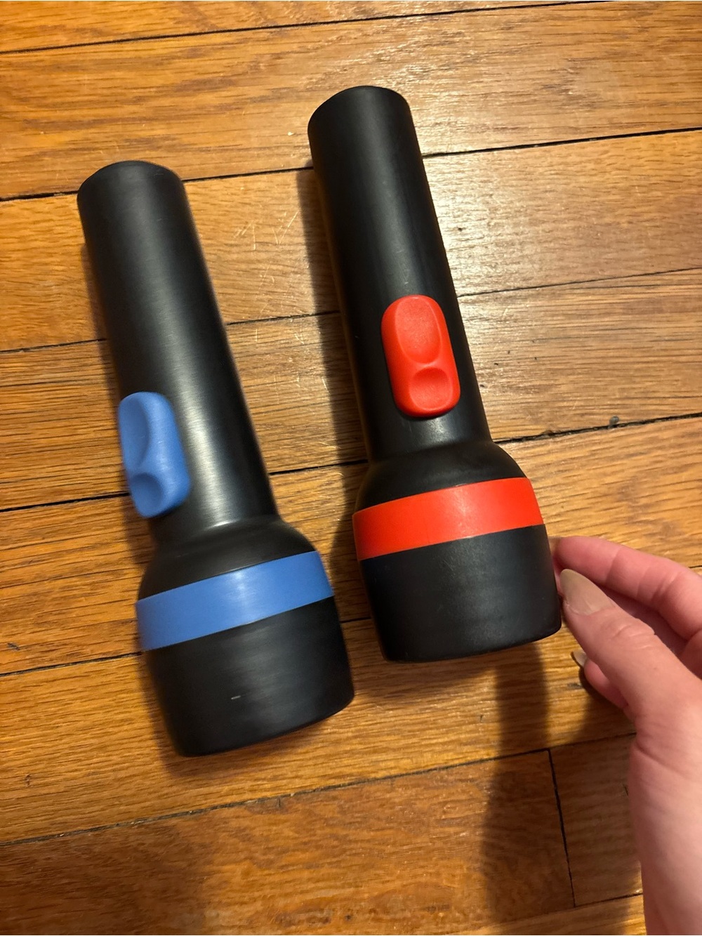 Pair of Black Flashlights with Blue and Red Accents